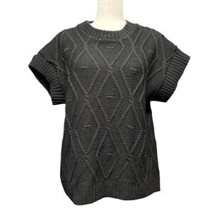 Pistache Made in Italy Black Knit Diamond Pattern Short Sleeve Sweater Top